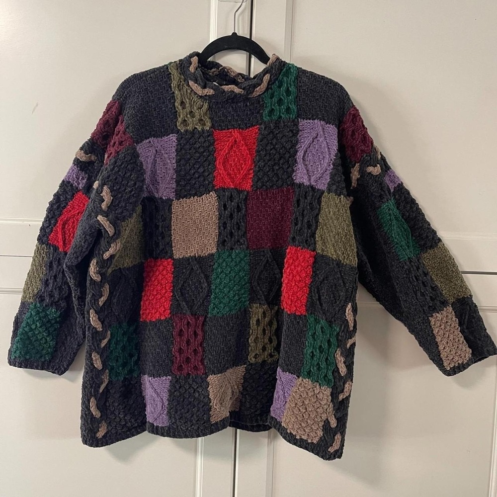 Milar Ireland Cotton Patchwork Sweater Multi color cable knit Vintage Medium